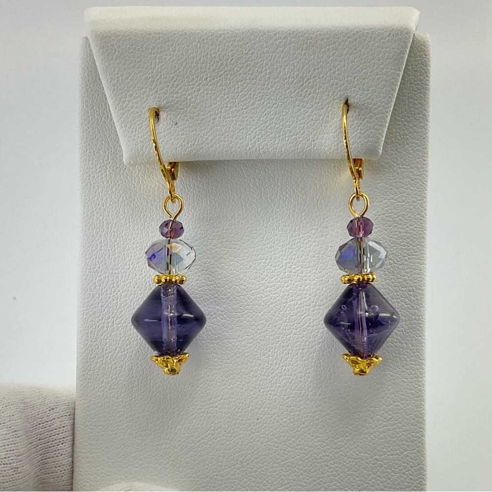 Aurora Borealis Crystal & Violet Glass Earrings, Gold Plate, Castle Core, Rococo